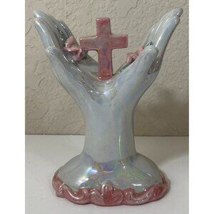 Pearl & Pink Ceramic Hands Holding Cross and Roses Flowers Christian Religious
